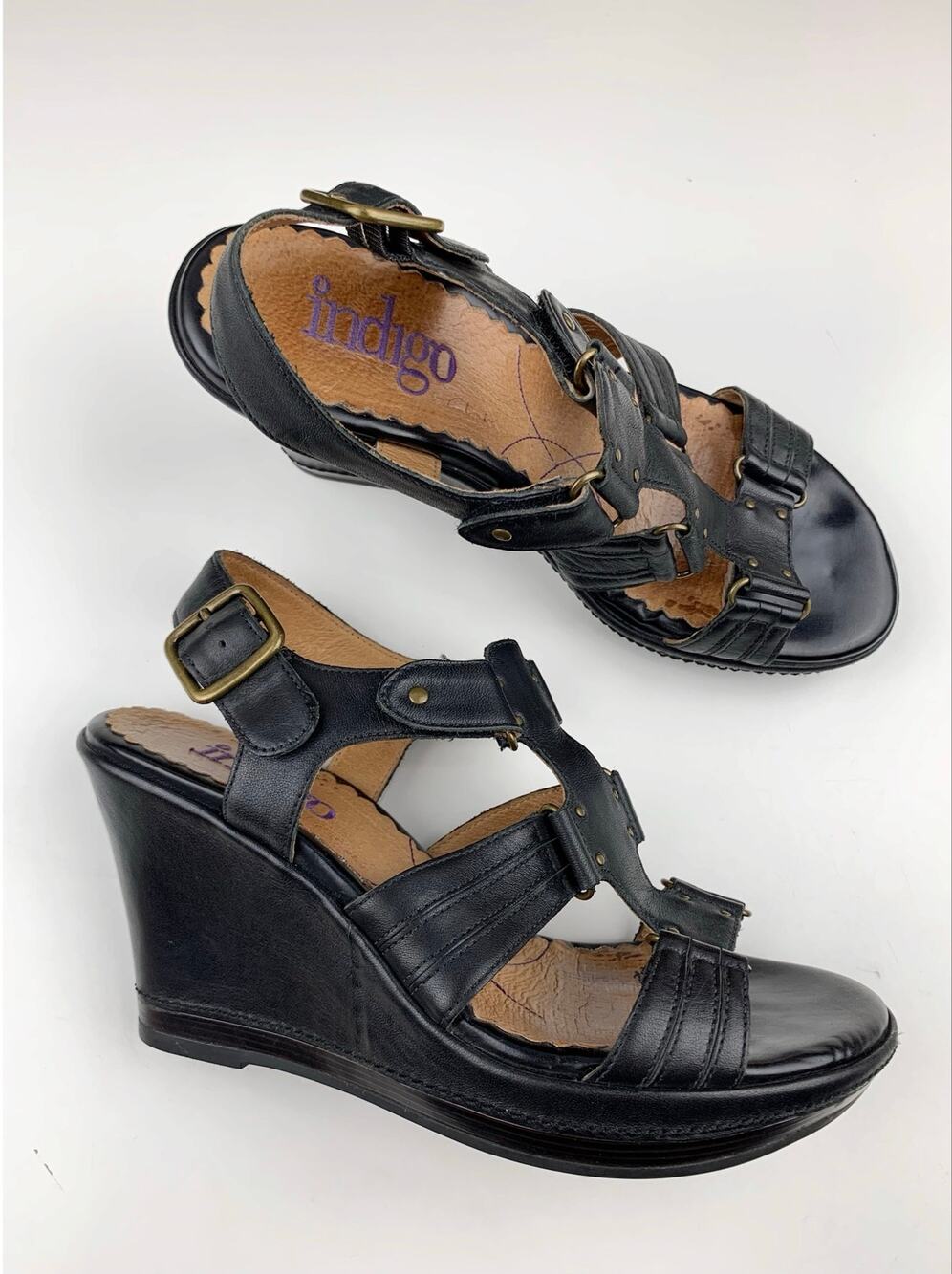 Indigo by Clarks Finch Sandals Platform Wedge Black Leather Strappy Womens 6.5